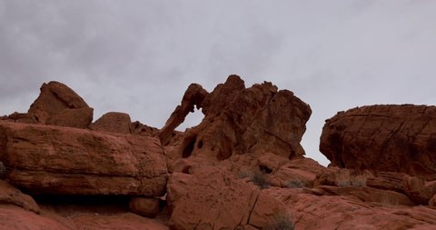 Elephant rock in Valley of Fire State Park with storm clouds moving across the landscape  