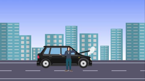 A long-haired man asks for help for his broken car 4K animation. Man wearing a suit calling for help, animated video. 4K footage of a flat character businessman with a broken black car.