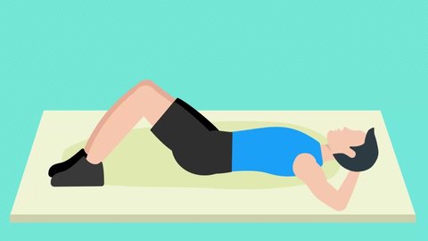 4K animation of a young man doing sit-up exercise on a floor mat. Sit-up workout with a flat boy character animated video. Regular sit-up exercise with a man character 4K footage.