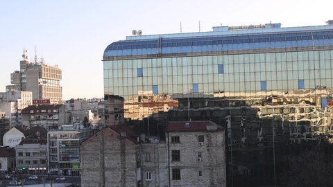 Belgrade, Serbia - February 18, 2022: Serbian National Bank Modern Building at Cold Winter Afternoon pan.