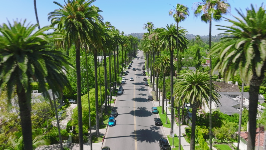 Luxury Beverly Hills city with expensive real estate property, Los Angeles, California, USA. Aerial footage of the main boulevard overpassing the downtown of LA. High quality 4k footage Royalty-Free Stock Footage #1090235895