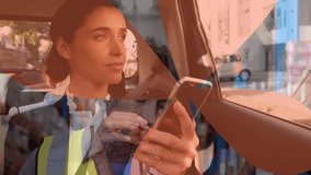Animation of biracial woman using smartphone over caucasian male worker in warehouse. global business, connections and digital interface concept digitally generated video.