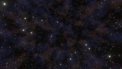 Animation of looking through glowing nebula, clouds and stars field. Space view. Space night sky with twinkling stars, galaxy exploration through outer space towards glowing milky way galaxy. 4k