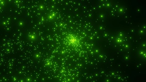Emergence and spread of green particles from center. Explosion of elementary particles. Big bang or cosmic phenomenon Background. Sparkling and pulsating white particles flying from the center. 4k
