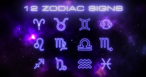 Neon Zodiac Astrological Animation Background. Horoscope Air Earth Water Fire Astrology mystic nebula motion background Symbols 