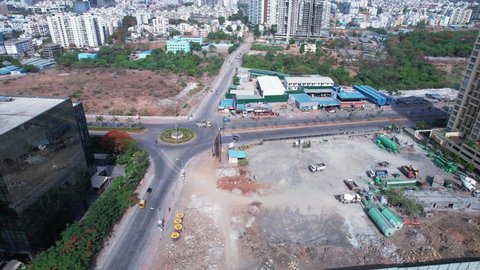 Aerial view of a traffic roundabout with traffic at Kharadi, Pune India.