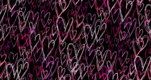 Animation romantic pattern with hand drawn doodle red pink hearts on black. For St. Valentines Day, Mother's Day, wedding anniversary. Wedding invitation e-card. Seamless loop. 4k video graphic motion