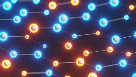 Atomic hexagonal grid of glowing blue and glowing spheres is animated in a loop