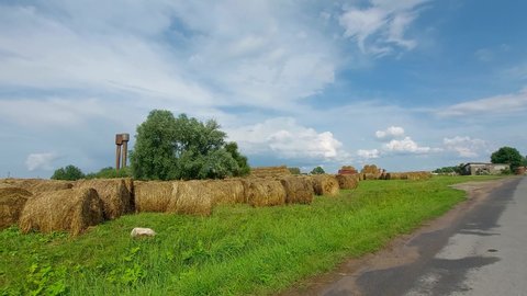 Kaliningrad, Russia, 13, August, 2021:
Haystacks are harvested on the farm for the winter, many bales of hay on the farm