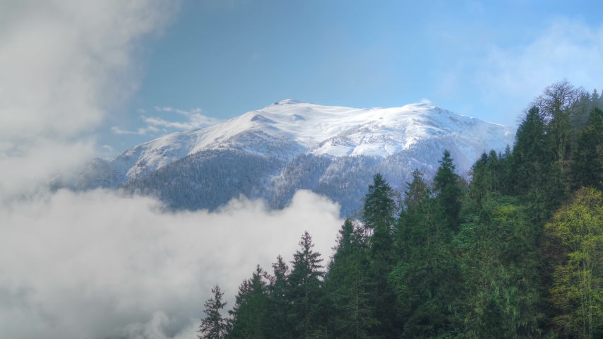 8K 7680X4320 4320p.Snowy mountain peak behind the forest.High altitude, rocky summit in winter.Magnificent and splendid mount mass.Steep vertical slopes.Cliff rock rocks deep valley snow winter pine.