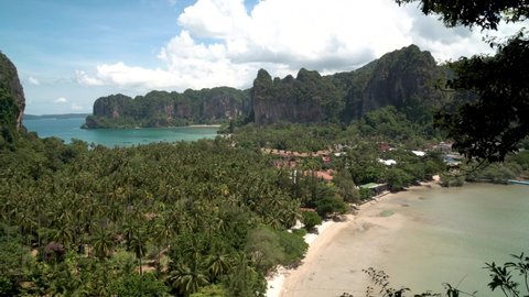 Landscape aerial view of Railay Beach white sand and blue sea with limestone in Railay Ao nang Krabi Thailand - sunny day summer