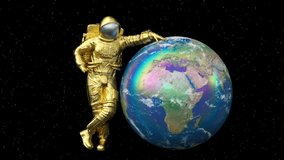 Surreal astronaut or cosmonaut or spaceman in space suit, futuristic sci-fi cosmic galactic background, 3d render modern trendy contemporary creative animation, Earth planet, seamless loop video.