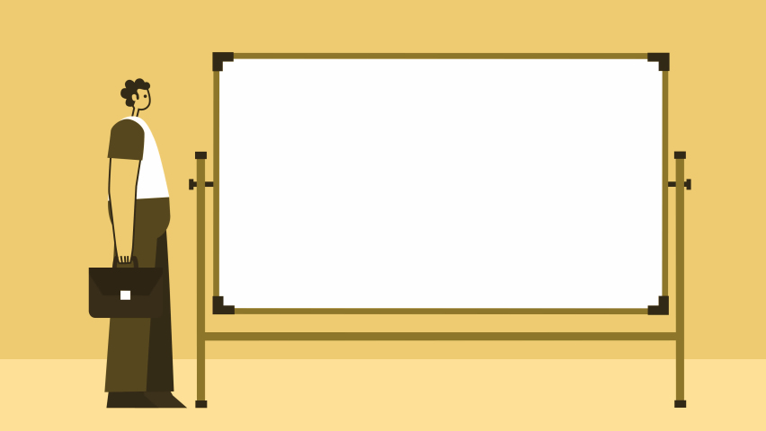 Yellow Style Man with Briefcase Flat Character Speaker Near White Board. Isolated Loop Animation with Alpha Channel