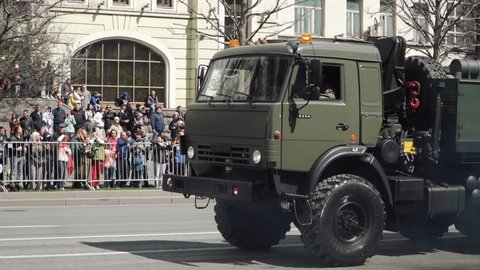 MOSCOW, RUSSIA - May 9, 2022: Ural-532362-1042 Light wheeled repair and recovery vehicle REM-KL after the parade in honor of Victory Day along Novy Arbat in Moscow from the parade dedicated to the