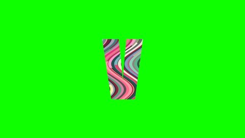 V - Animated letter from moving multi colored wavy lines isolated on green background for forming words and text animation in your video projects