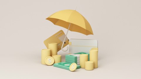 Concept of money protection, financial savings insurance. Secure investment, surrounding by gold coin and cash, wallet, umbrella, isolated on white pastel background realistic 3d render.