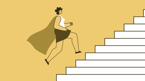 Yellow Style Woman Superhero Flat Character Run Up the Stairs. Isolated Loop Animation with Alpha Channel