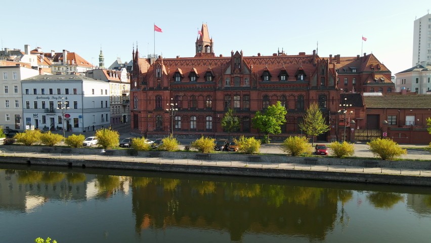 Riverside Building Of The Main Post Office Of Bydgoszcz In Northern Poland. Slow Zoom Out