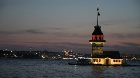 Awesome night view of the Maiden's Tower (Leander's Tower) and the Bosporus in Istanbul, Turkey. Istanbul is a popular tourist destination in the world.