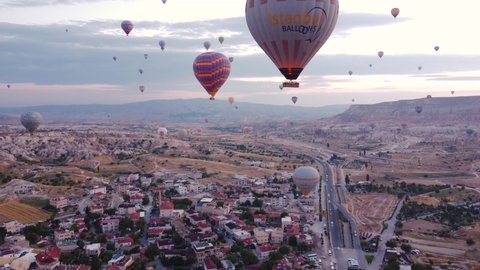 hot air balloons fly in Cappadocia, shooting from a drone in 4k
