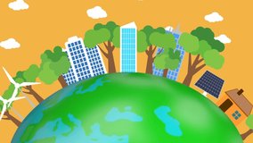 3d Eco friendly city on spining Earth animation isolated on yellow background. Save environment and use eco friendly energy, environment holiday, 
And live natural lifestyle.