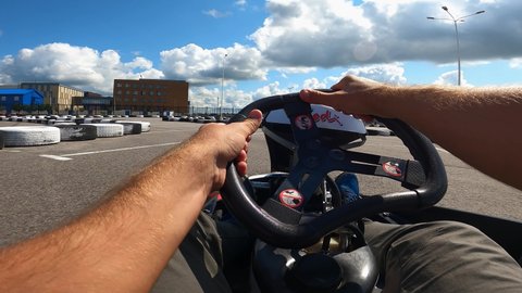 Kaliningrad, Russia,15, August, 2021:
First person view - go kart driving, go kart racing in first person view
