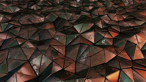 Realistic looping abstract 3D animation of the moving dark and old weathered rusty metal triangles pattern rendered in UHD as motion background