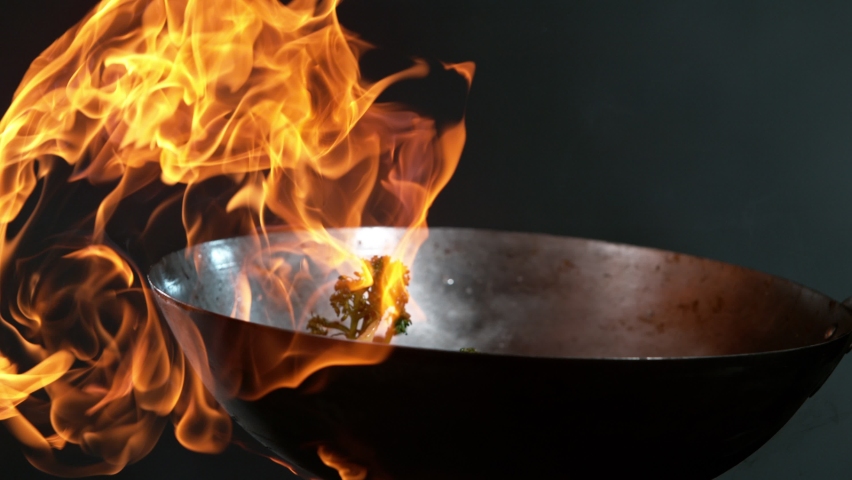 Super slow motion of flying asian mix with prawns. Filmed on high speed cinema camera, 1000 fps. Speed ramp effect.