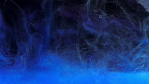 Blue and gray ink acrylic paint mixing in water, swirling softly underwater. Colored acrylic cloud of paint in aquarium. Slow motion abstract smoke explosion animation. Beautiful art background