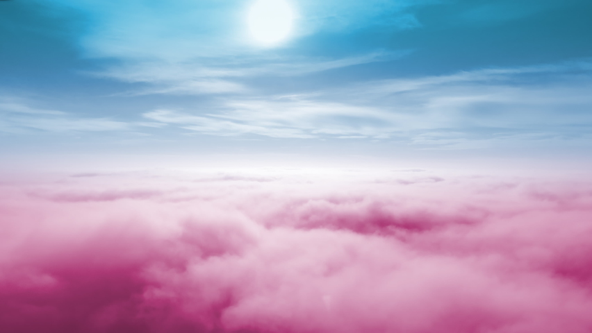 Motions clouds. Puffy fluffy beautiful pink clouds on turquoise sky. Slow moving clouds. Pastel palette. The camera is rising above the thick fog above the beautiful clouds at sunrise. Royalty-Free Stock Footage #1090264427