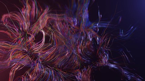live curls underwater like fur, multi-colored threads or hair. Mist and DOF bokeh effects. Volumetric lights. Mysterious background with live curved lines, close-up. 4k seamless looped bg.