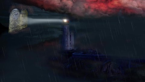 Lighthouse in storm shinning light on the Ten Commandments 