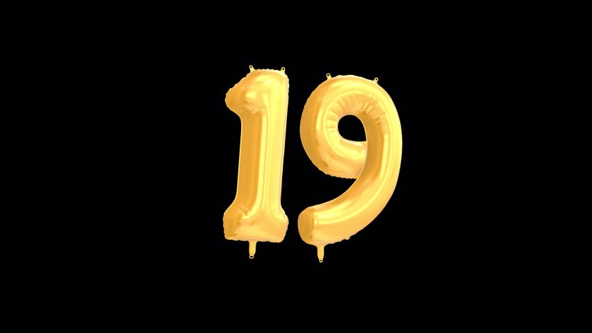 Gold Helium Balloon with Number 19. Loop Animation with Alpha Channel Prores 4444. Royalty-Free Stock Footage #1090268363