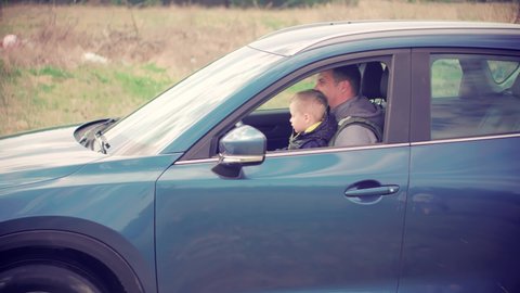 Happy Family Father And Child Boys Leisure. Son Boys Sitting In Car. Cute Little Kid Having Fun. Carefree Dad  Sons Cute Little Boy Driving Fathers Car. Family Parent Holiday Relationship. Fathers Day