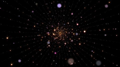4K 3D seamless loop of shinny circle stars rotation animation on black background. Graphic motion overlay effect loop with galaxy sky twinkling light in the space animation. Galaxy space exploration 