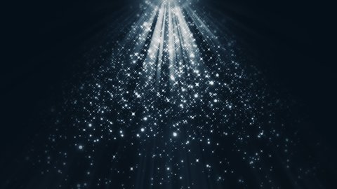 Beautiful loopable abstract top flare light with falling glow white flicker glitter particles light on black background.4K seamless loop snowfall winter glitter particles themed background for winter 