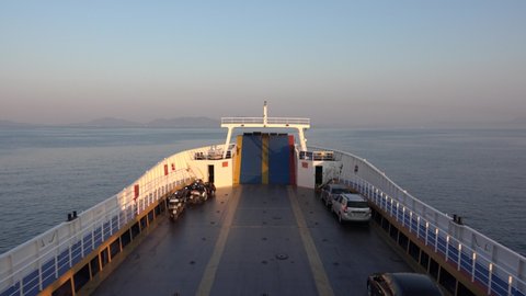 Ferryboat on Mediterranean Sea in Greece, Cruise Ferry Sailing, Trip Boat with Tourists, Ship in Summer Vacation