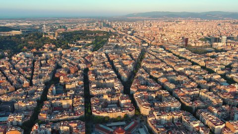Aerial view of typical buildings of Barcelona cityscape. Eixample residential famous urban grid. (Catalonia, Spain)