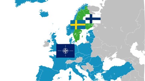 Helsinki, Finland - May 16, 2022: NATO Finland Sweden map flag army The North Atlantic Treaty Organization background Seamless Loop 3D 4K.