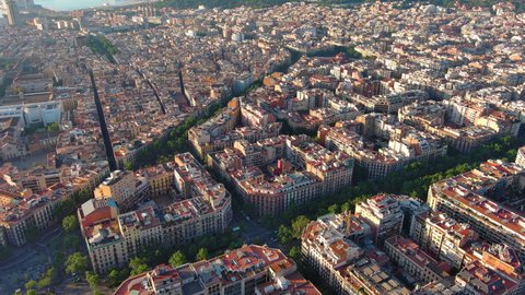 Aerial view of Barcelona Eixample residential district and old town narrow streets, gothic quarter. Catalonia, Spain
