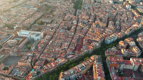 Aerial view of Barcelona Eixample residential district and old town narrow streets, gothic quarter. Catalonia, Spain