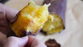 Hot baked sweet potatoes. A video that cuts in half.