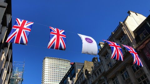 London, UK, May 14th 2022:Oxford St, West End of London. Union Jack flags to celebrate the Queen's Platinum Jubilee. 