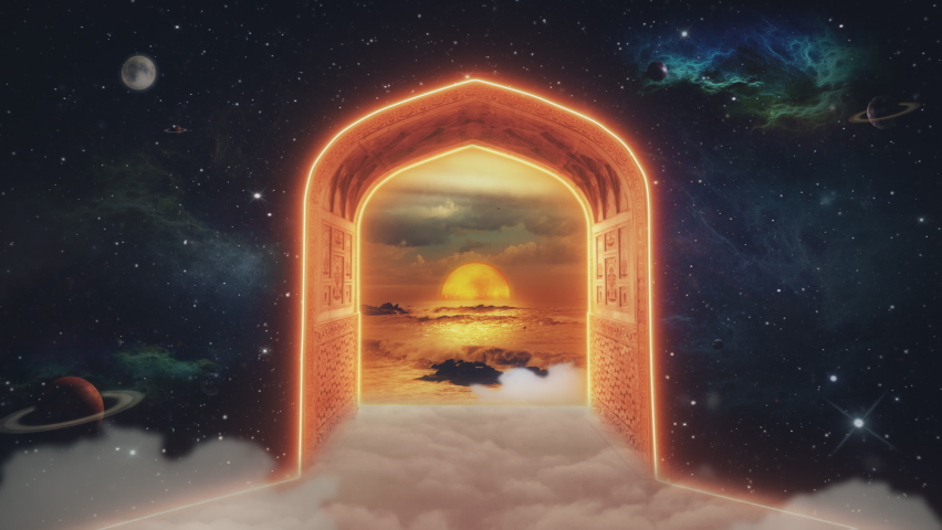 Space Portal Ocean Sunrise Above Clouds In Galaxy. Sunrise ocean landscape inside a deep space door above clouds. Motion background Royalty-Free Stock Footage #1090277345
