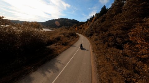 Aerial FPV flight in cinematic nature. Autumn colorful forest trees, mountains and deserted landscape. Lonely rider on bike. Freedom travel concept. 스톡 비디오