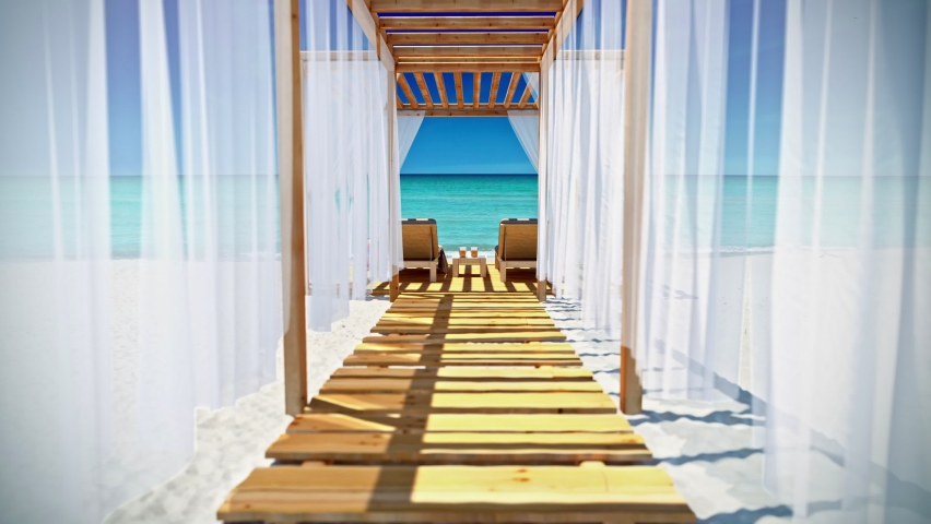 Romantic pergola on a paradise beach with azure water. Exclusive sunny holidays on the island. Royalty-Free Stock Footage #1090278325
