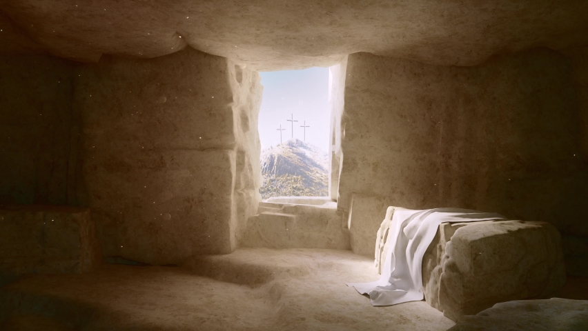 Zoom out view of door opening into sunlit old tomb and revealing holy cross on day of Jesus Christ resurrection on easter morning. 4K Professional 3d Animation. | Shutterstock HD Video #1090278739