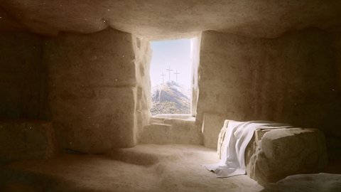 Zoom out view of door opening into sunlit old tomb and revealing holy cross on day of Jesus Christ resurrection on easter morning. 4K Professional 3d Animation.