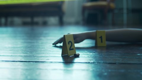 Closeup of a Crime Scene in a Deceased Person's Home. Dead man, Police Line, Clues and Evidence. Serial Killer and Detective Investigation Concept.
