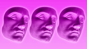 GIF animation with antique sculpture of man head in videogame style. Modern creative concept video 4K with mask of ancient statue face. Contemporary art in purple tone. Funky design. Pop art template.